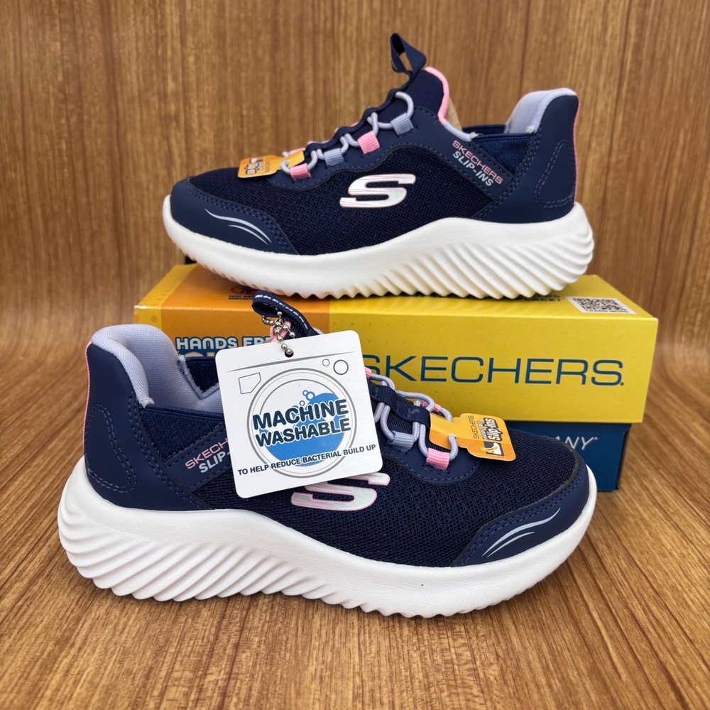 Skechers Bounder Simple Cute Kids Size 11 Navy Blue Pink Slip-ins 303585L NEW